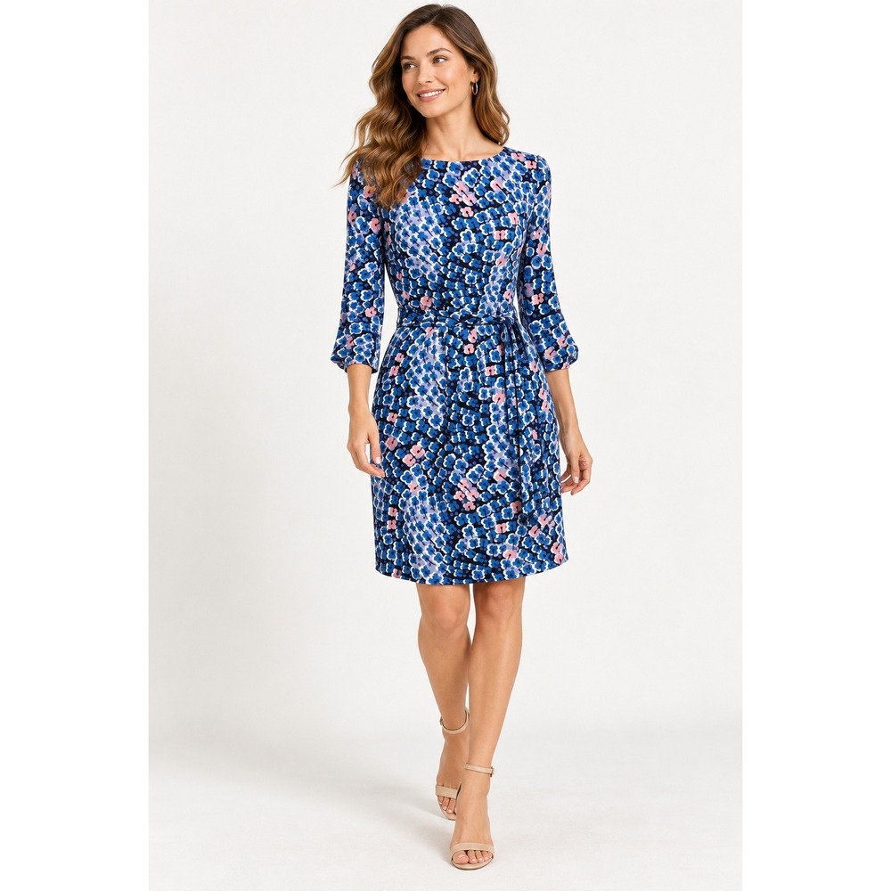 Boden Womens Kelly Dress Size 6 Blue Pink Floral Crepe Tie Waist 3/4 Sleeve